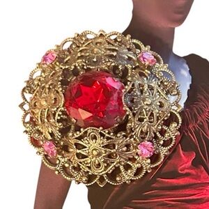 West German Ruby Red & Rose Pink Rhinestone Filigree Brooch
